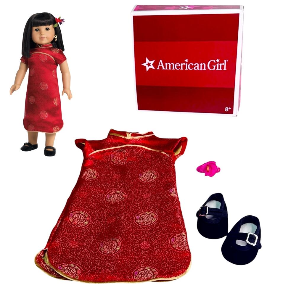 American Girl Ivy New Year Outfit Red Kimono Doll Dress Shoes AG Hair Flower Box